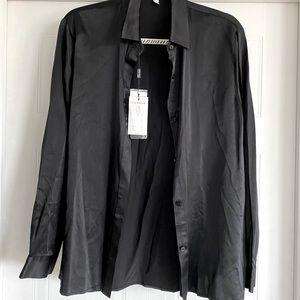 NWT LilySilk Long Sleeve Collared Silk Blouse Button Down Shirt Black Sz XL